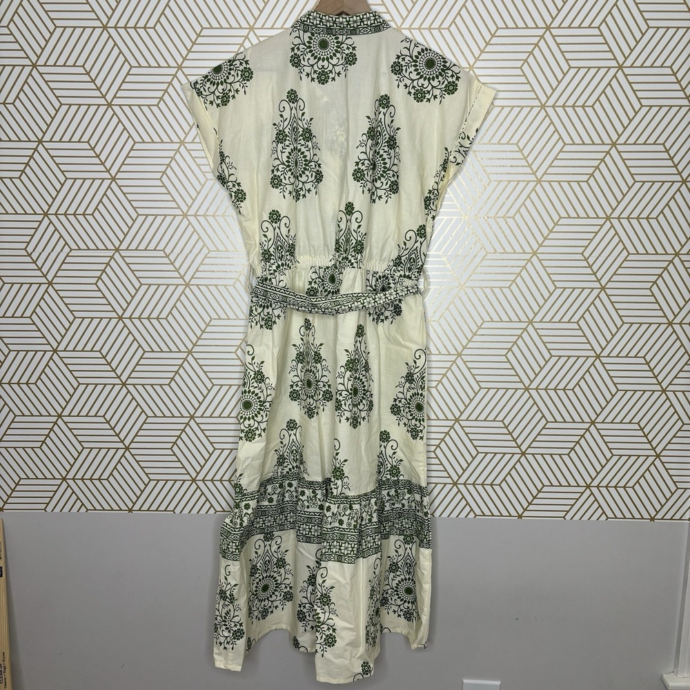 Kaktus Shirt Dress Medium Ivory Green Floral Cotton Belted Button Midi Boho Cap - Picture 6 of 11
